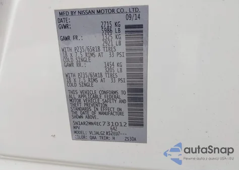 2014 Nissan Pathfinder Sl из США, поврежденный, VIN 5N1AR2MN4EC731012